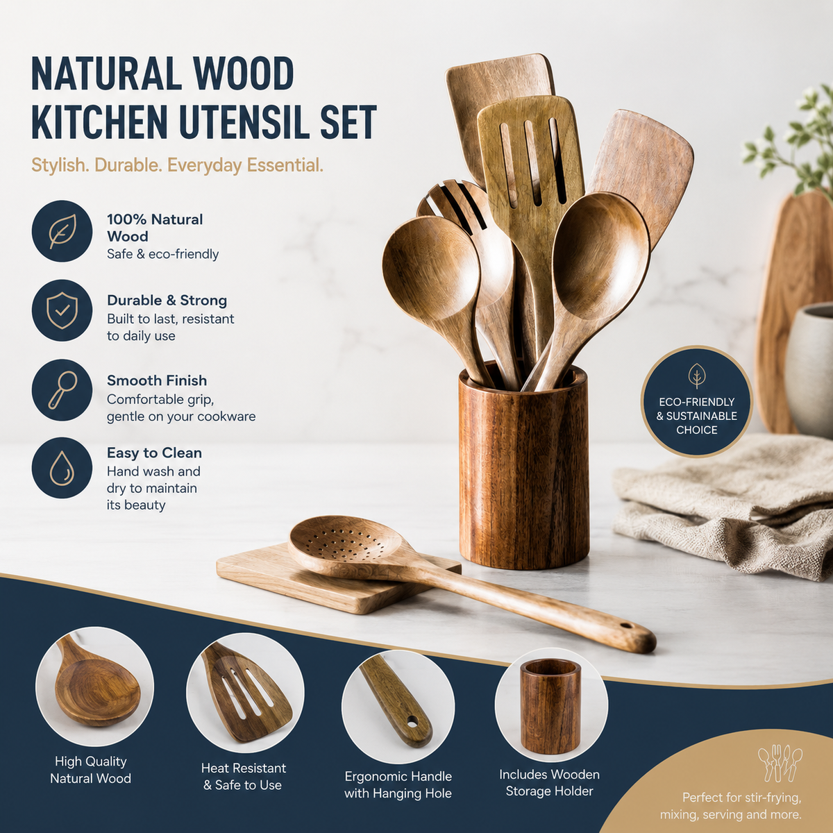 9-Piece Teak Wooden Kitchen Utensil Set with Holder & Spoon Rest – Premium Wooden Cooking Spoons, Spatulas, Strainer & Salad Servers – Durable Cooking Utensils Set