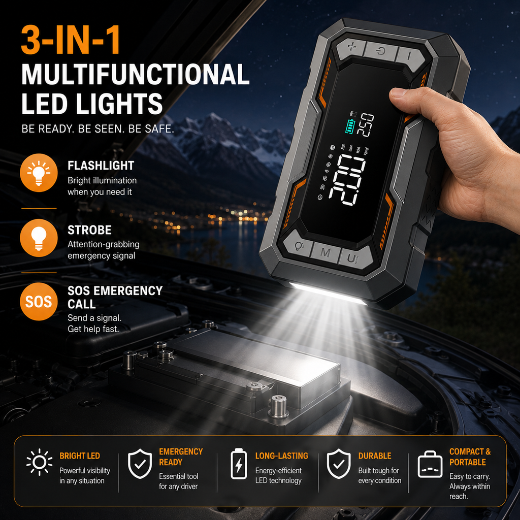 4-in-1 Car Jump Starter with Air Compressor – 1500A Peak Battery Booster & 150 PSI Tire Inflator – 20,000–30,000mAh Portable Power Bank with LED Emergency & SOS Light – 12V