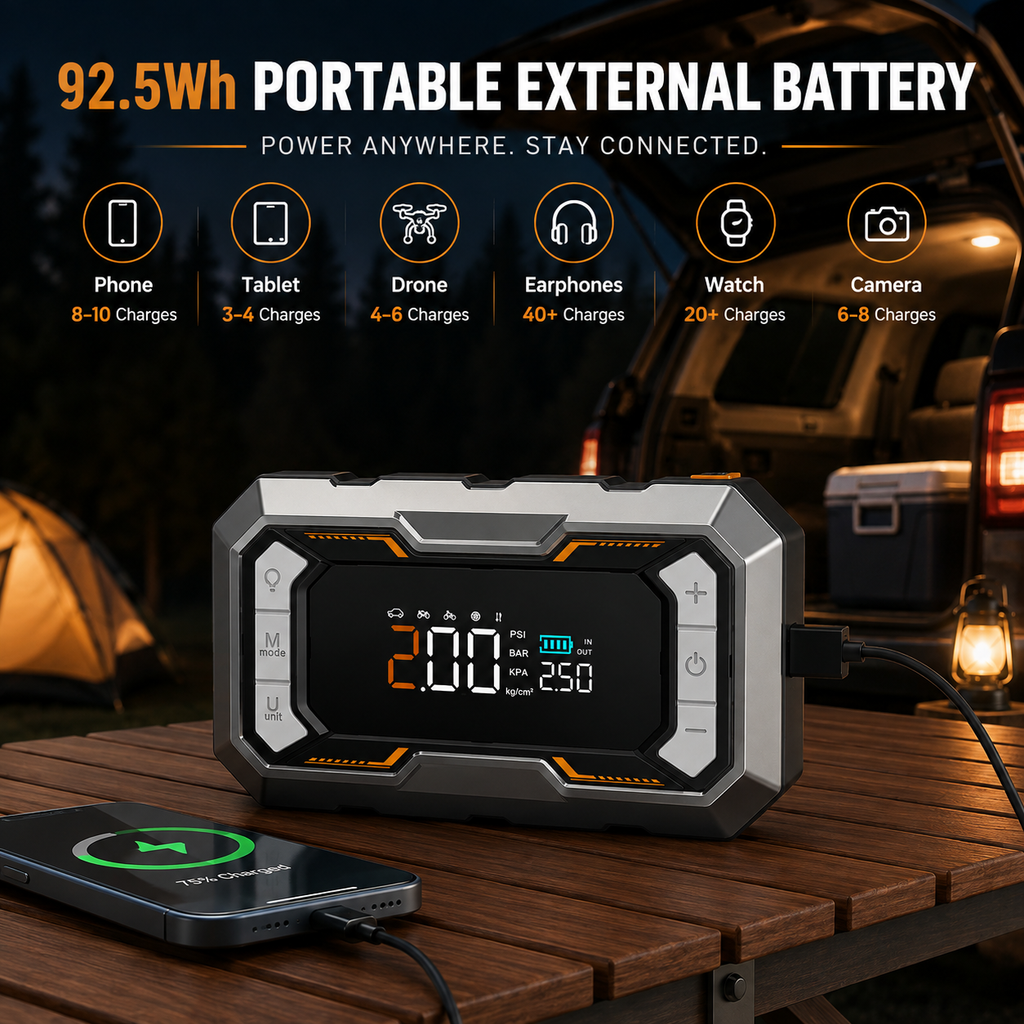 4-in-1 Car Jump Starter with Air Compressor – 1500A Peak Battery Booster & 150 PSI Tire Inflator – 20,000–30,000mAh Portable Power Bank with LED Emergency & SOS Light – 12V