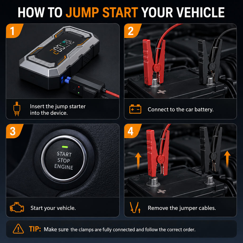 4-in-1 Car Jump Starter with Air Compressor – 1500A Peak Battery Booster & 150 PSI Tire Inflator – 20,000–30,000mAh Portable Power Bank with LED Emergency & SOS Light – 12V