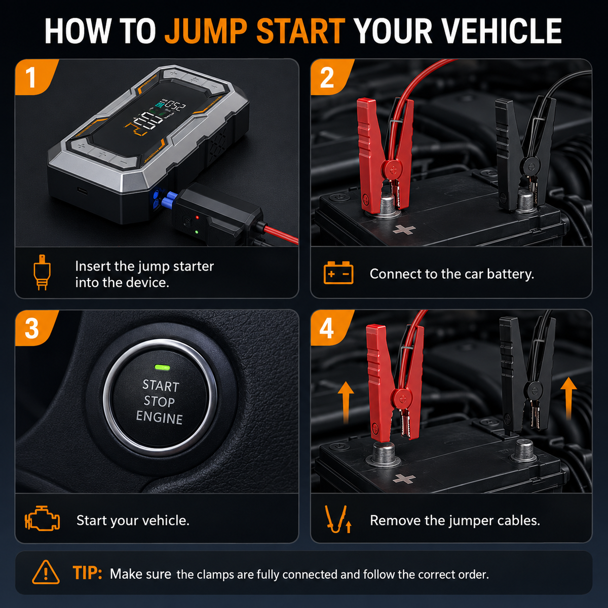 4-in-1 Car Jump Starter with Air Compressor – 1500A Peak Battery Booster & 150 PSI Tire Inflator – 20,000–30,000mAh Portable Power Bank with LED Emergency & SOS Light – 12V