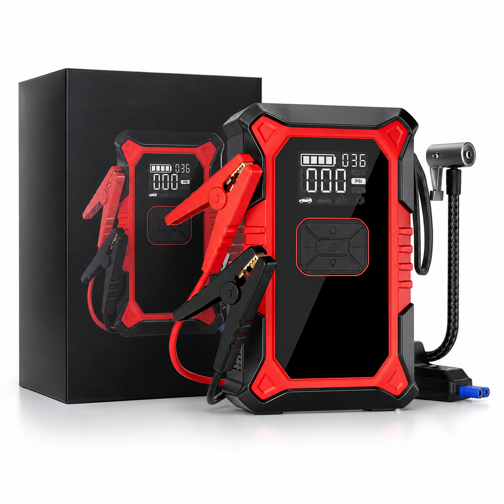 3000A Car Jump Starter with 150 PSI Air Compressor – Premium 5-in-1 Battery Booster for up to 9.0L Petrol & 6.5L Diesel – Auto Shut-Off Tire Inflator, 12,000mAh Power Bank & SOS Light