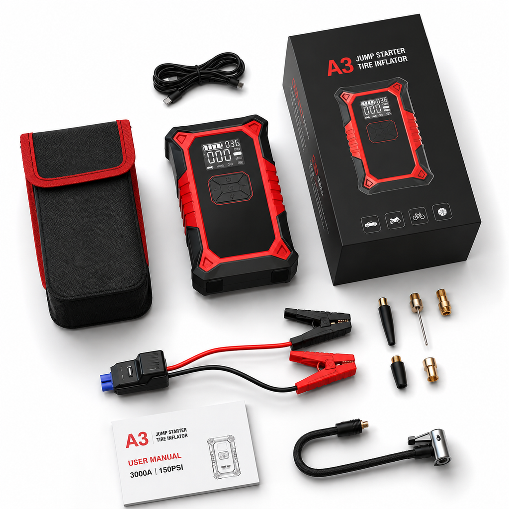 3000A Car Jump Starter with 150 PSI Air Compressor – Premium 5-in-1 Battery Booster for up to 9.0L Petrol & 6.5L Diesel – Auto Shut-Off Tire Inflator, 12,000mAh Power Bank & SOS Light