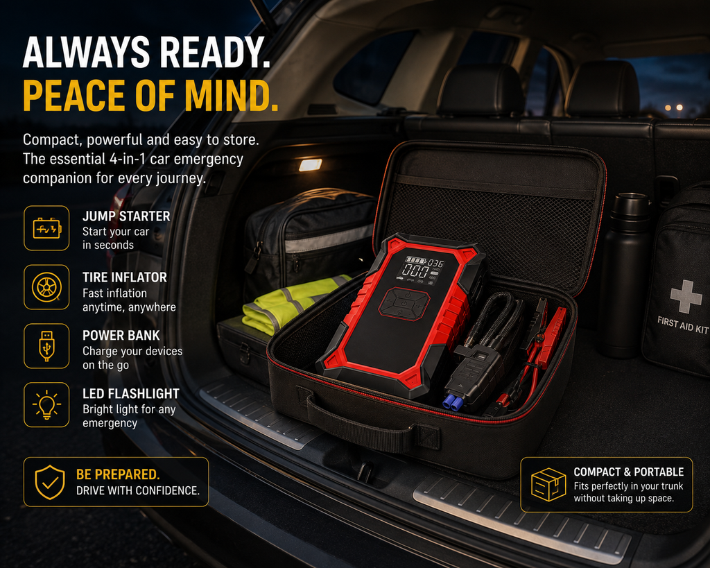 3000A Car Jump Starter with 150 PSI Air Compressor – Premium 5-in-1 Battery Booster for up to 9.0L Petrol & 6.5L Diesel – Auto Shut-Off Tire Inflator, 12,000mAh Power Bank & SOS Light