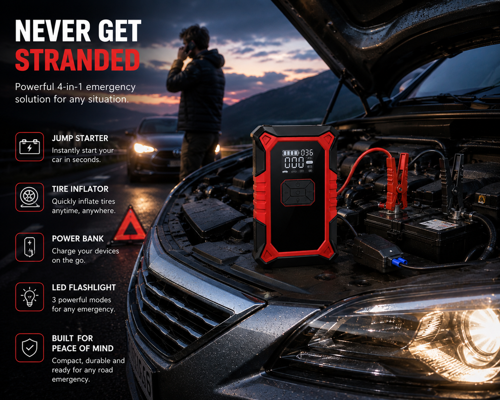 3000A Car Jump Starter with 150 PSI Air Compressor – Premium 5-in-1 Battery Booster for up to 9.0L Petrol & 6.5L Diesel – Auto Shut-Off Tire Inflator, 12,000mAh Power Bank & SOS Light