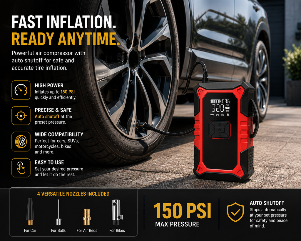 3000A Car Jump Starter with 150 PSI Air Compressor – Premium 5-in-1 Battery Booster for up to 9.0L Petrol & 6.5L Diesel – Auto Shut-Off Tire Inflator, 12,000mAh Power Bank & SOS Light