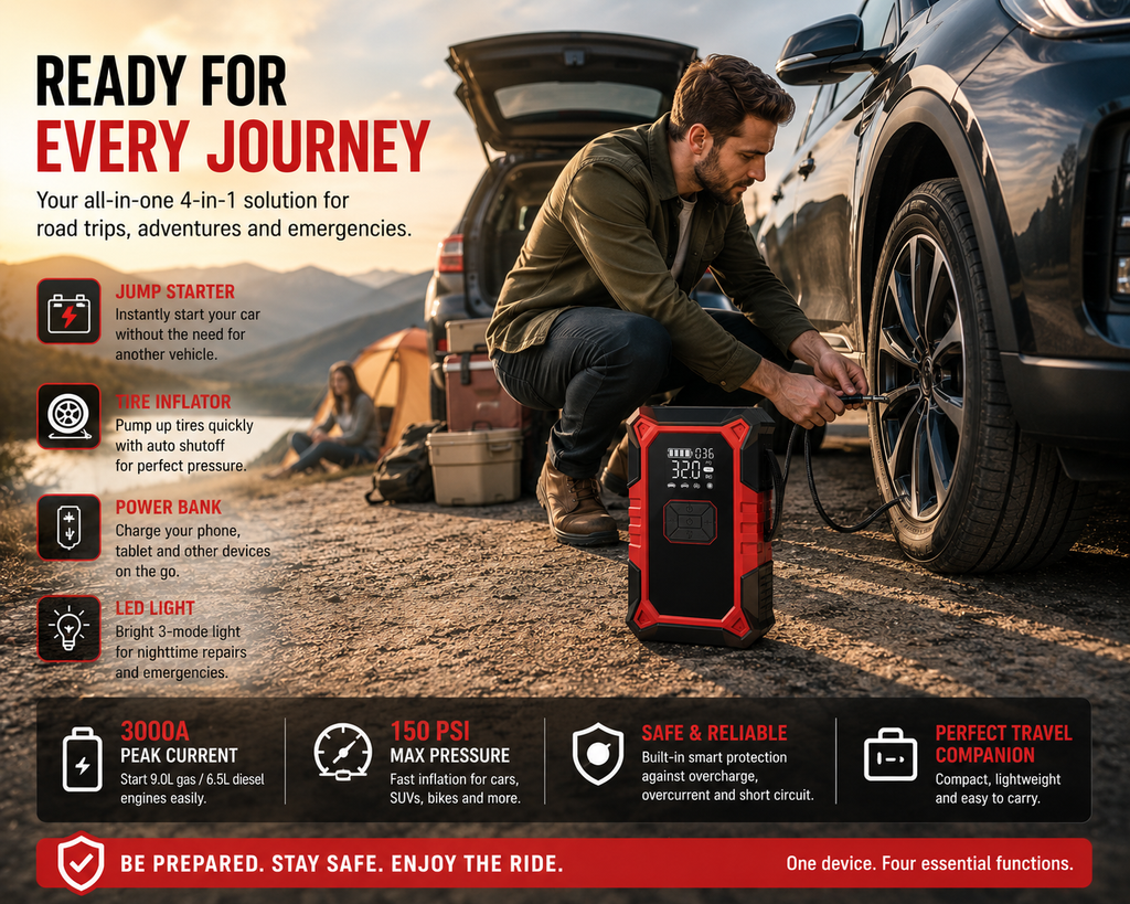 3000A Car Jump Starter with 150 PSI Air Compressor – Premium 5-in-1 Battery Booster for up to 9.0L Petrol & 6.5L Diesel – Auto Shut-Off Tire Inflator, 12,000mAh Power Bank & SOS Light
