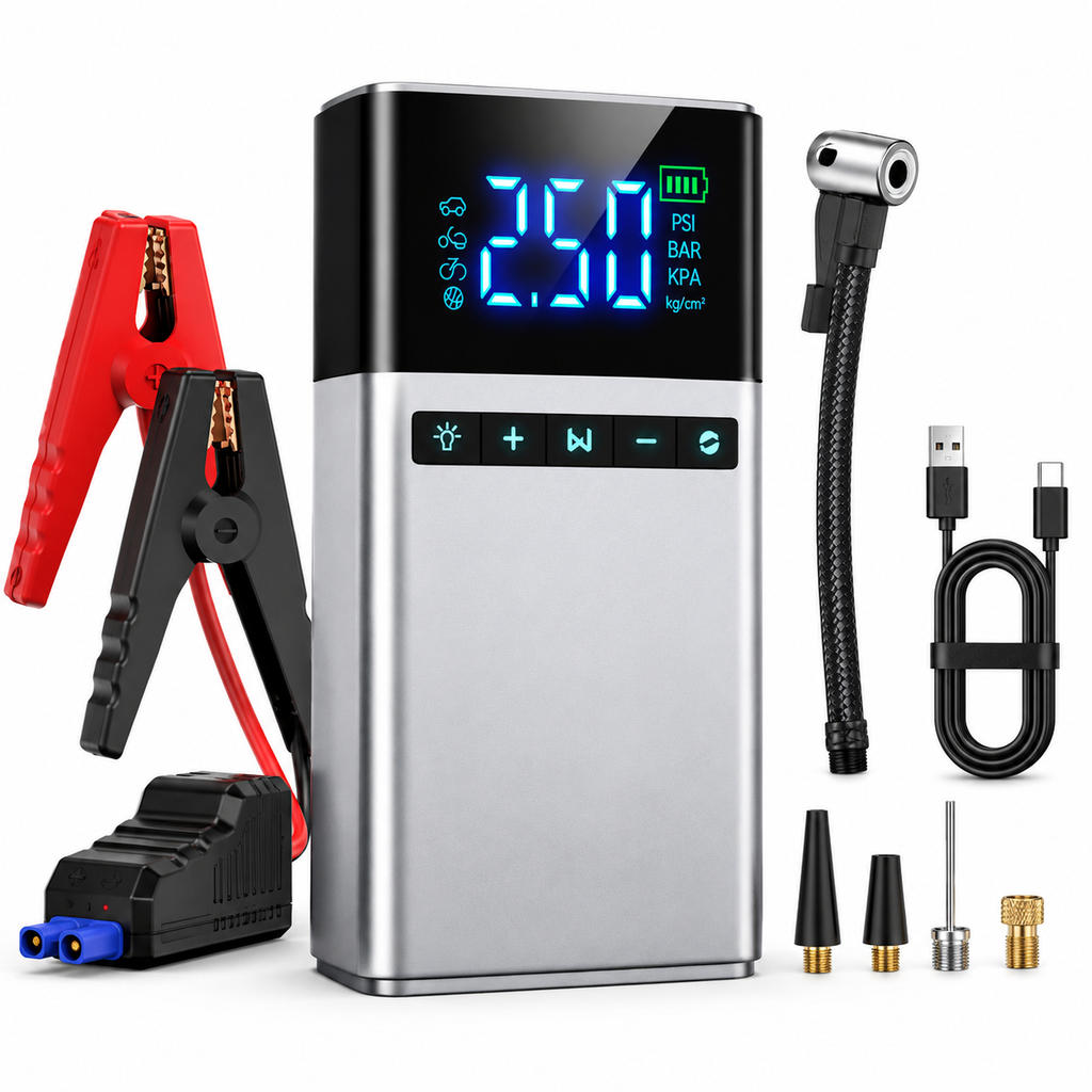 6000A Car Jump Starter with 180 PSI Air Compressor – Heavy-Duty 26,800mAh Portable 4-in-1 Battery Booster, Tire Inflator, Power Bank & Emergency Light – 12V