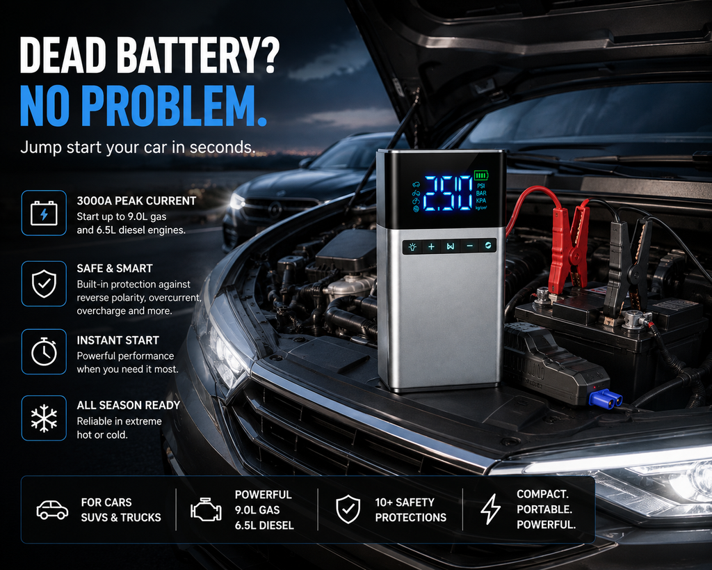 6000A Car Jump Starter with 180 PSI Air Compressor – Heavy-Duty 26,800mAh Portable 4-in-1 Battery Booster, Tire Inflator, Power Bank & Emergency Light – 12V