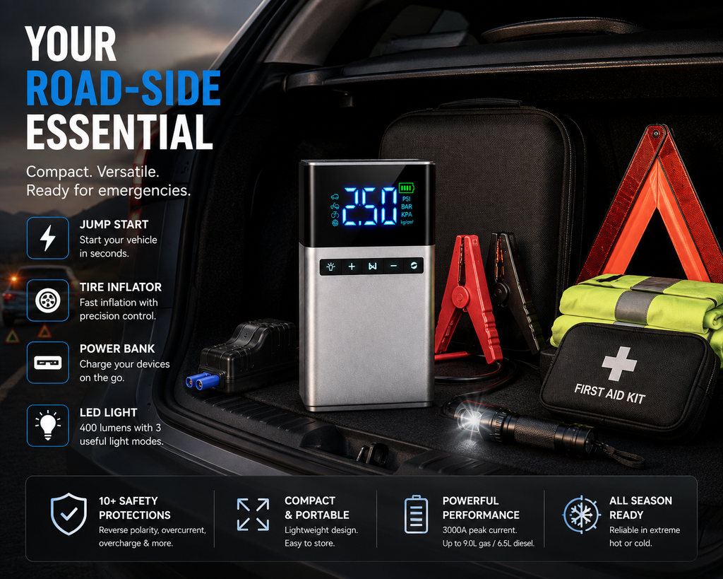 6000A Car Jump Starter with 180 PSI Air Compressor – Heavy-Duty 26,800mAh Portable 4-in-1 Battery Booster, Tire Inflator, Power Bank & Emergency Light – 12V