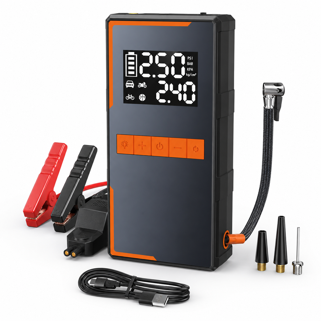 4-in-1 Car Jump Starter with 150 PSI Air Compressor – 1200A Portable 12V Battery Booster, Digital Tyre Inflator, Power Bank & Emergency LED Light