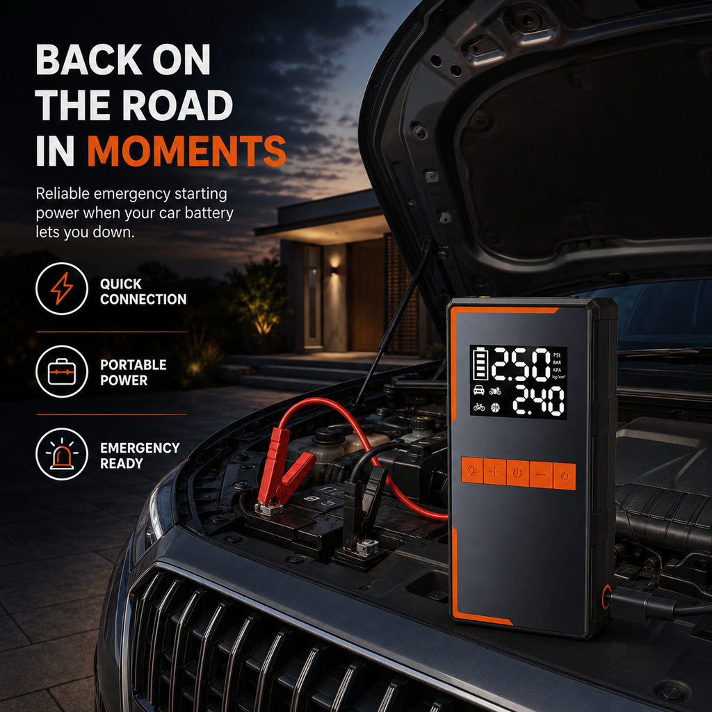 4-in-1 Car Jump Starter with 150 PSI Air Compressor – 1200A Portable 12V Battery Booster, Digital Tyre Inflator, Power Bank & Emergency LED Light