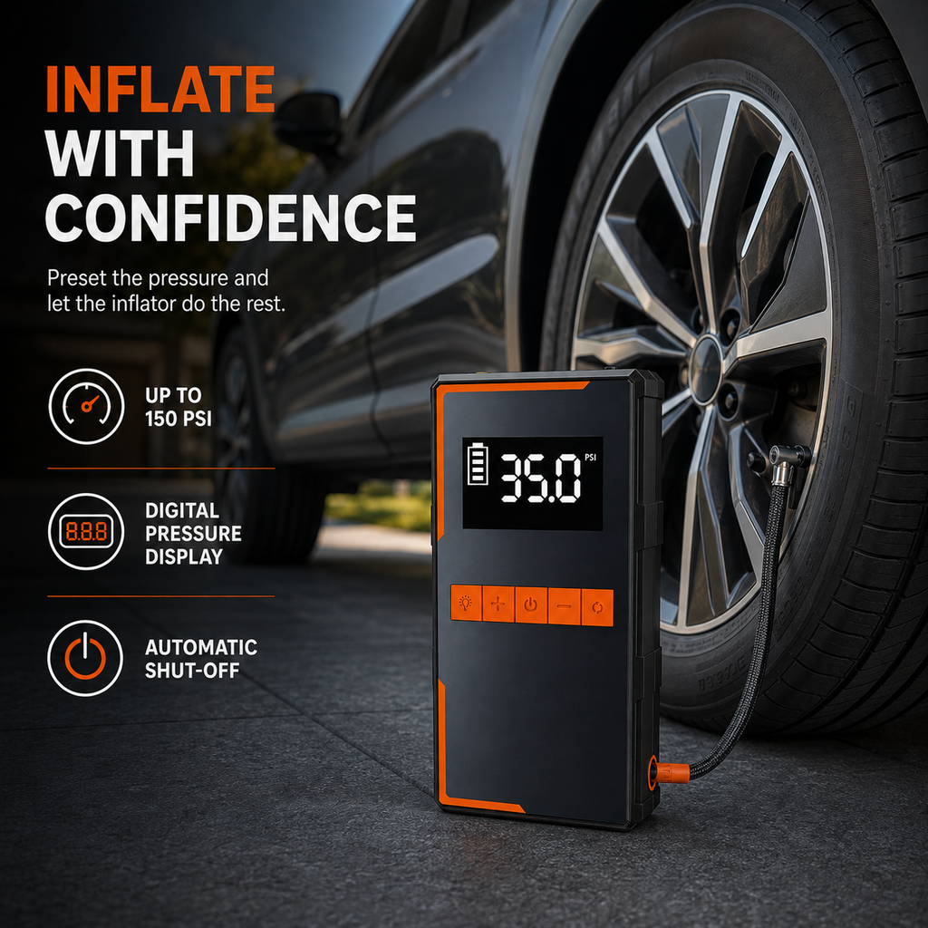 4-in-1 Car Jump Starter with 150 PSI Air Compressor – 1200A Portable 12V Battery Booster, Digital Tyre Inflator, Power Bank & Emergency LED Light