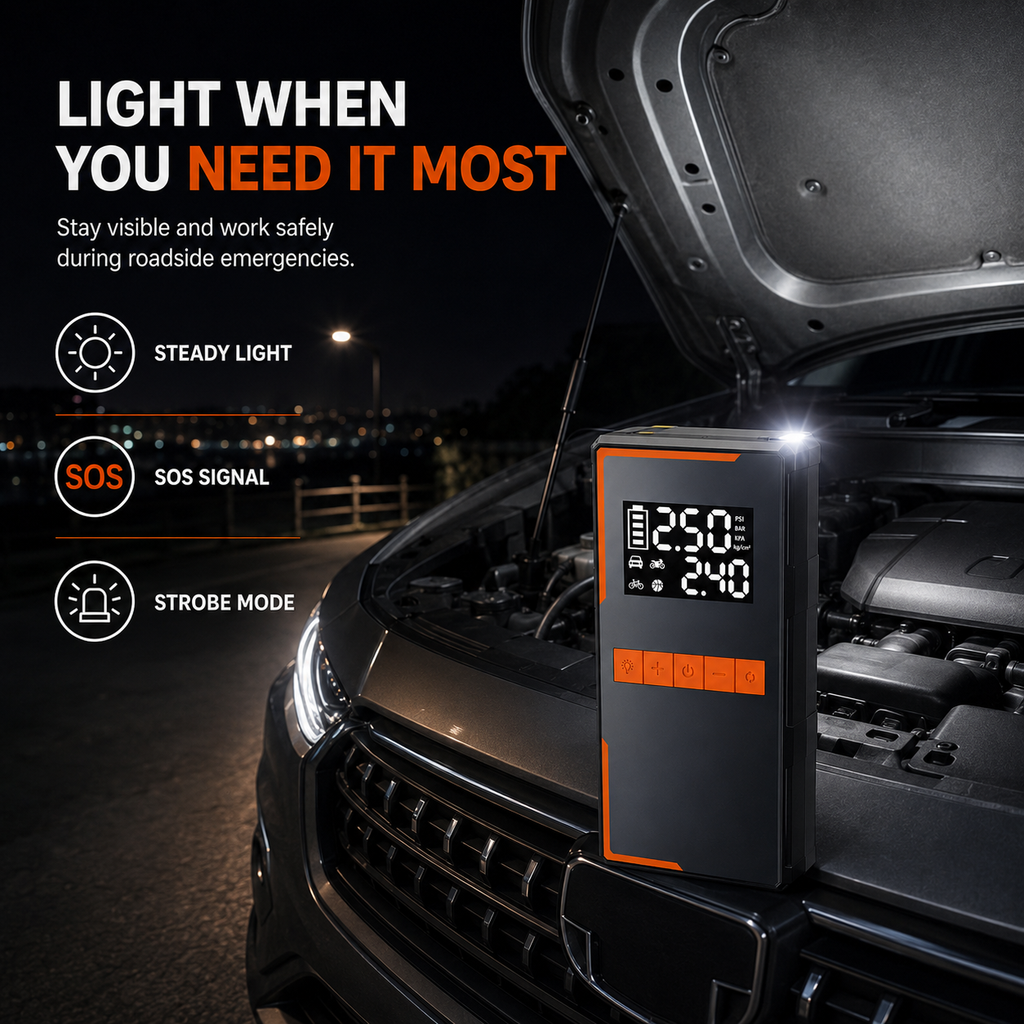 4-in-1 Car Jump Starter with 150 PSI Air Compressor – 1200A Portable 12V Battery Booster, Digital Tyre Inflator, Power Bank & Emergency LED Light