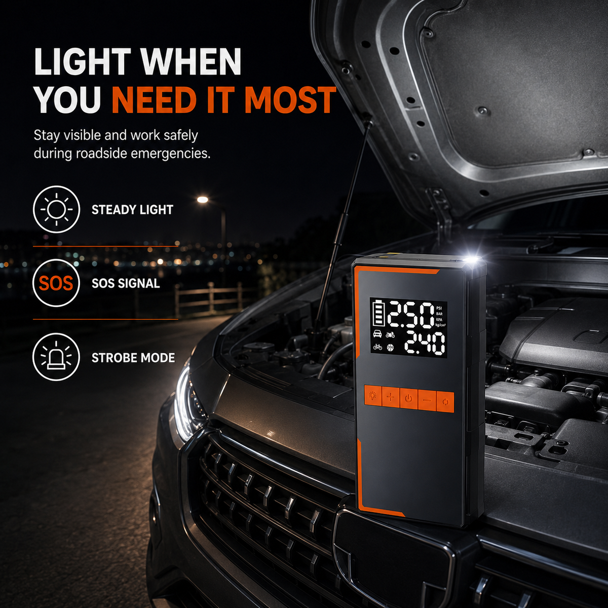 4-in-1 Car Jump Starter with 150 PSI Air Compressor – 1200A Portable 12V Battery Booster, Digital Tyre Inflator, Power Bank & Emergency LED Light