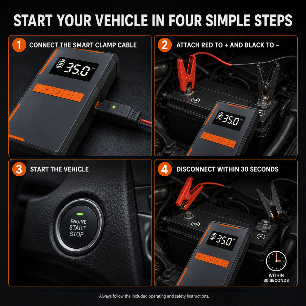 4-in-1 Car Jump Starter with 150 PSI Air Compressor – 1200A Portable 12V Battery Booster, Digital Tyre Inflator, Power Bank & Emergency LED Light