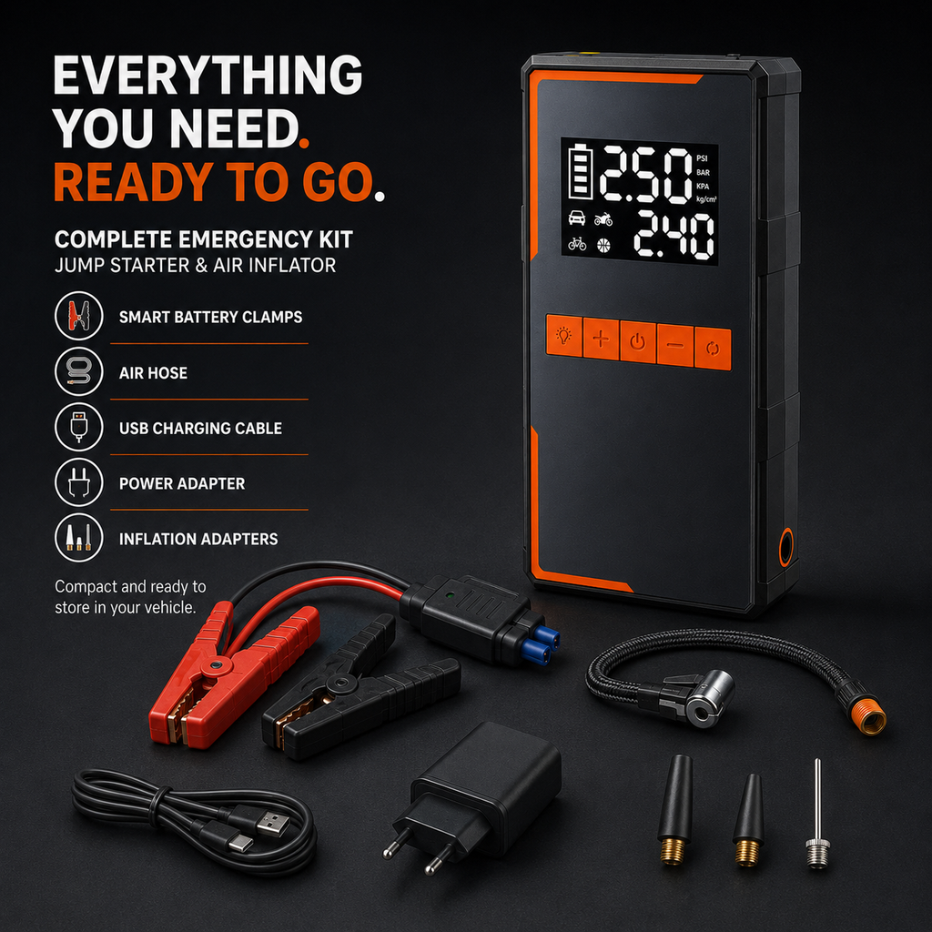 4-in-1 Car Jump Starter with 150 PSI Air Compressor – 1200A Portable 12V Battery Booster, Digital Tyre Inflator, Power Bank & Emergency LED Light