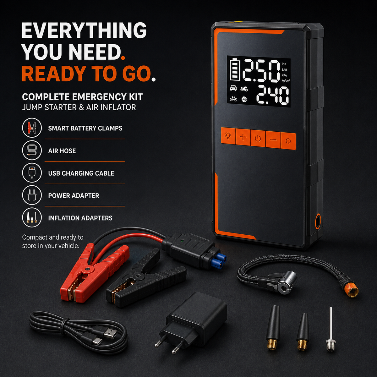 4-in-1 Car Jump Starter with 150 PSI Air Compressor – 1200A Portable 12V Battery Booster, Digital Tyre Inflator, Power Bank & Emergency LED Light