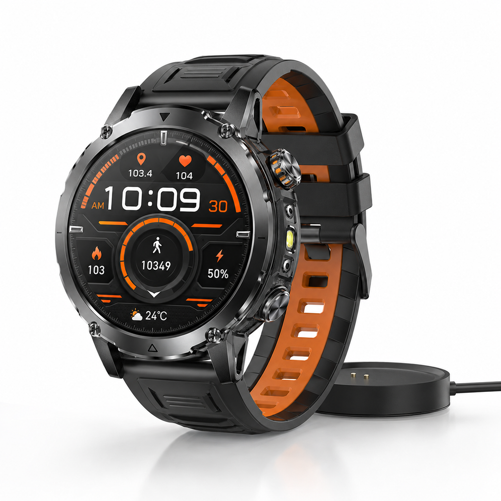 Men’s Outdoor GPS Smart Watch with 1400mAh Battery, 1.7-Inch AMOLED Display, Bluetooth Calling, LED Flashlight, 100+ Sports Modes & IP68 Waterproof – Black