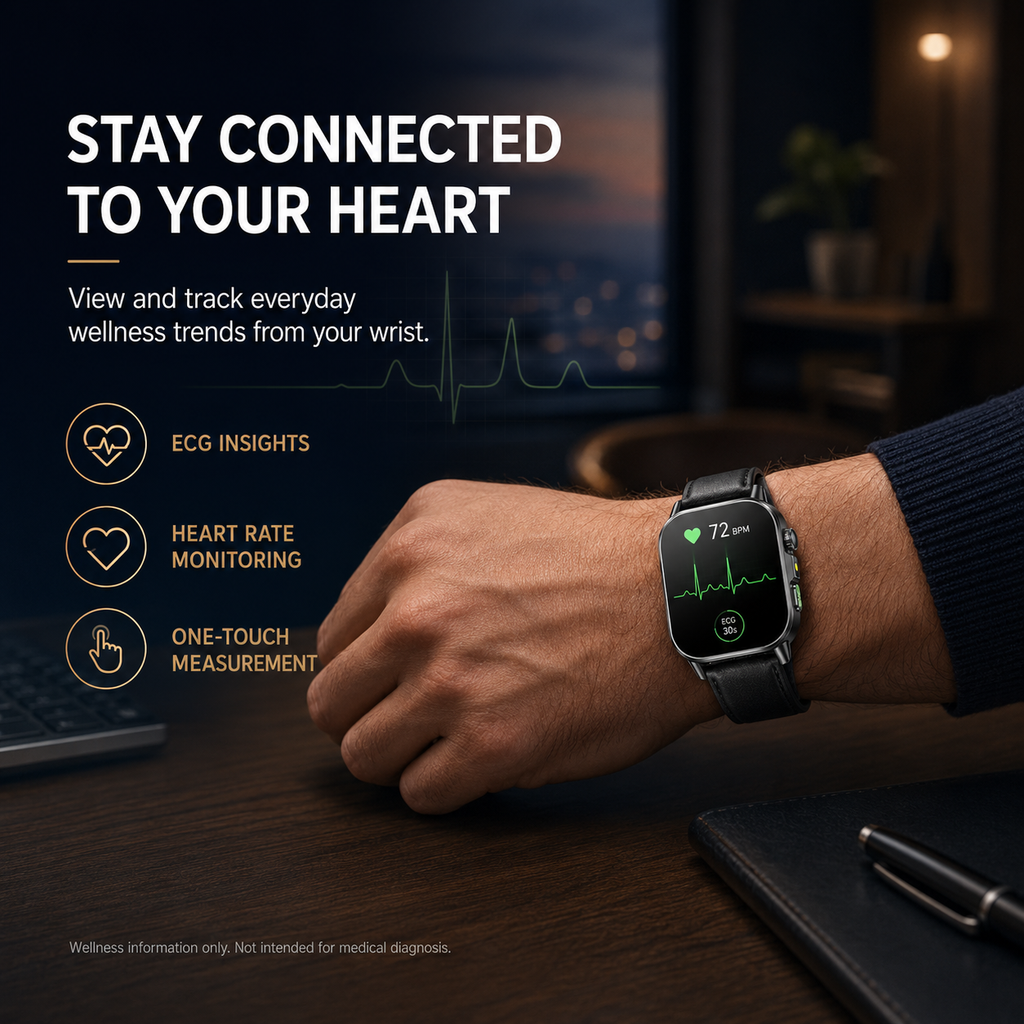 Health Monitoring Smart Watch with ECG, Heart Rate, Blood Pressure, Blood Oxygen, 2.01-Inch AMOLED Display, Bluetooth Calling & Steel Band – Black