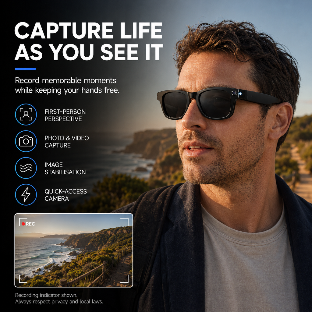 AI Smart Glasses with 8MP Camera, Photo & Video Recording, Live Translation, Bluetooth Calling, Open-Ear Audio & Photochromic Lenses