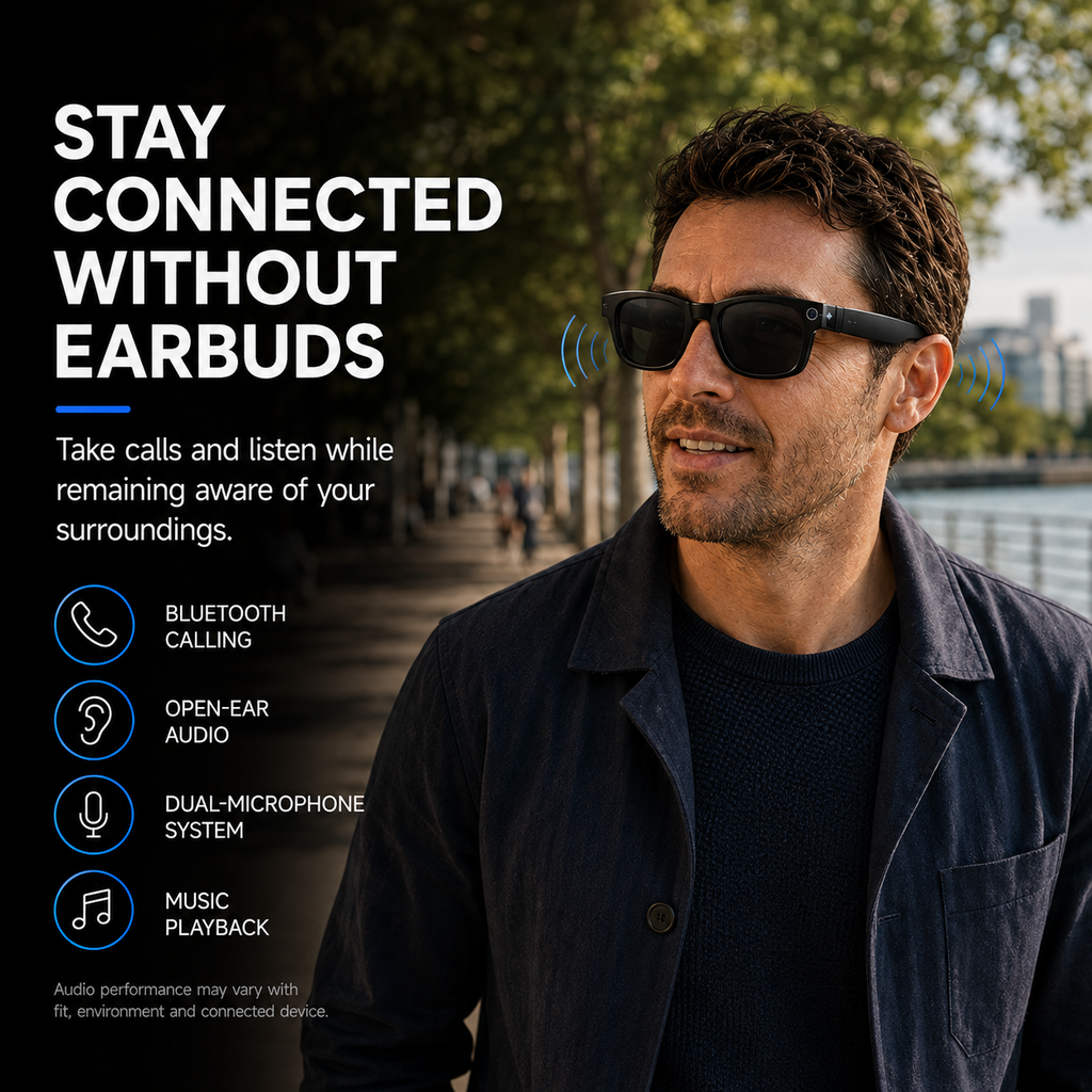 AI Smart Glasses with 8MP Camera, Photo & Video Recording, Live Translation, Bluetooth Calling, Open-Ear Audio & Photochromic Lenses