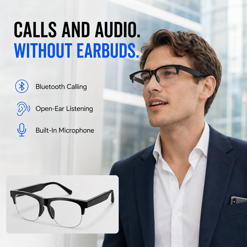 AI Smart Glasses with Camera, Photo & Video Recording, Bluetooth Calling, Touch Control, Voice Assistant & Translation – Black