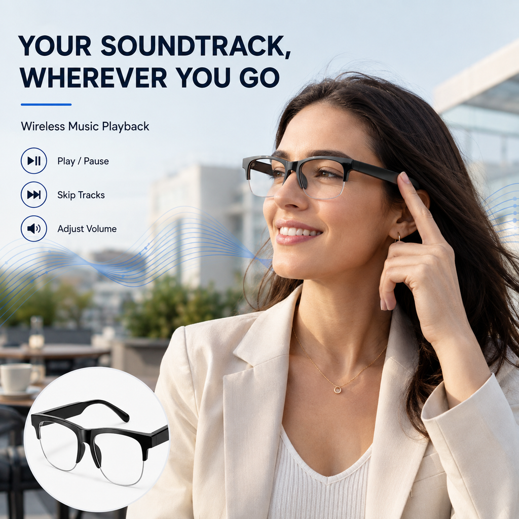AI Smart Glasses with Camera, Photo & Video Recording, Bluetooth Calling, Touch Control, Voice Assistant & Translation – Black