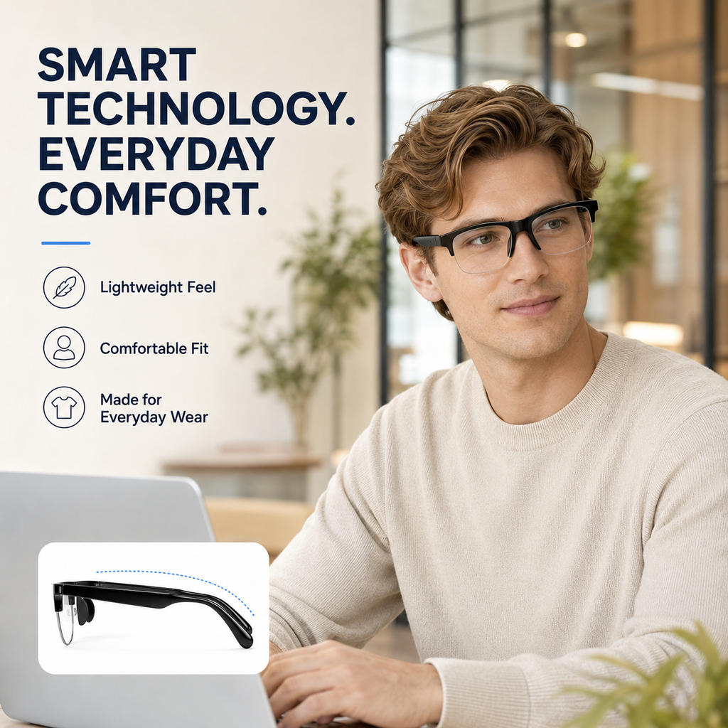 AI Smart Glasses with Camera, Photo & Video Recording, Bluetooth Calling, Touch Control, Voice Assistant & Translation – Black