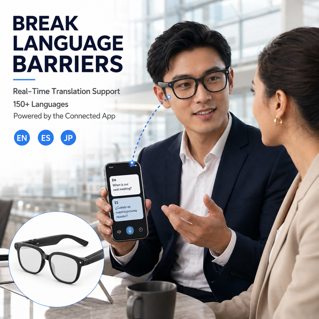 AI Smart Glasses with 8MP Camera, 1080p Video, 150+ Language Translation, ChatGPT, Bluetooth Calling & 16GB Storage – Black
