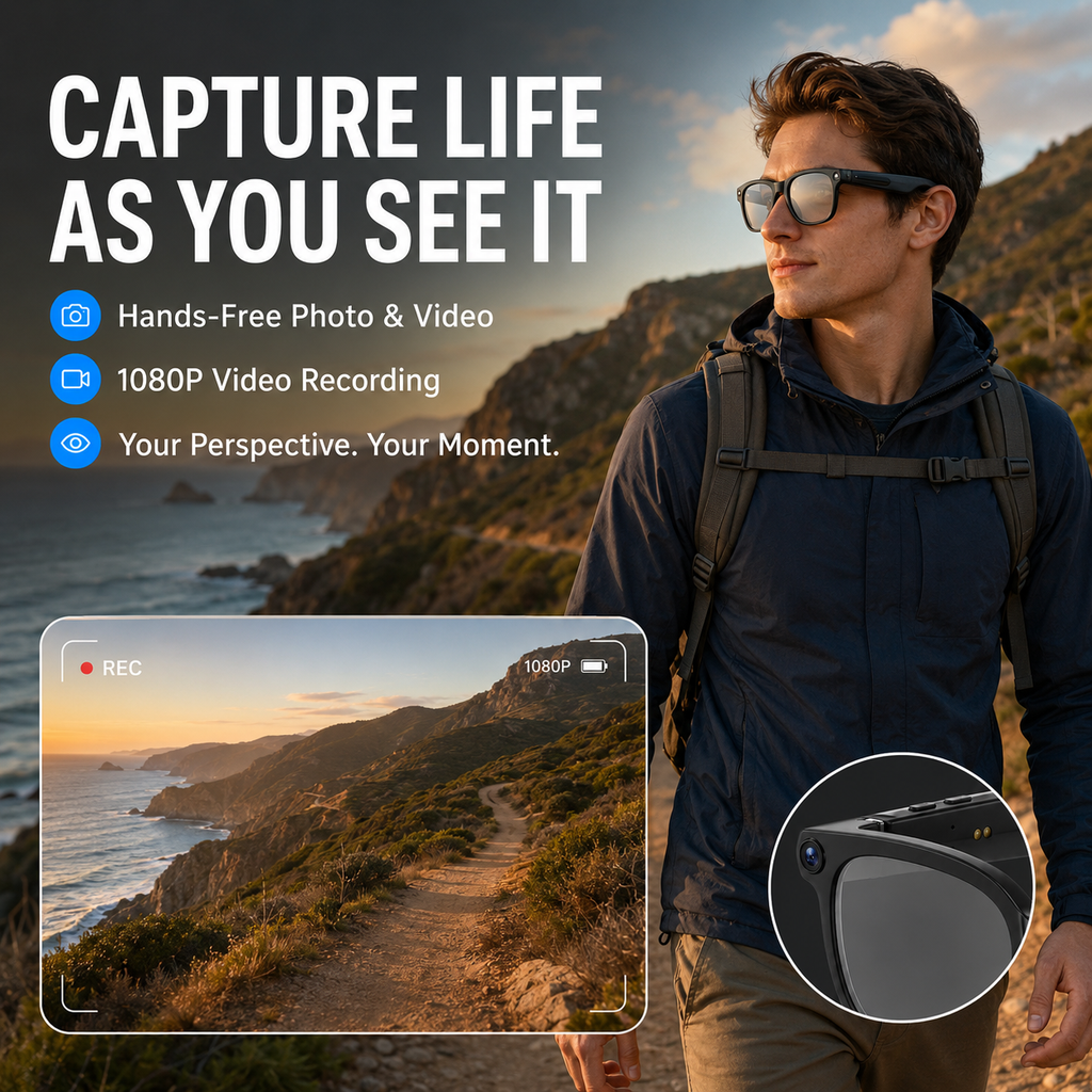 AI Smart Glasses with 8MP Camera, 1080p Video, 150+ Language Translation, ChatGPT, Bluetooth Calling & 16GB Storage – Black