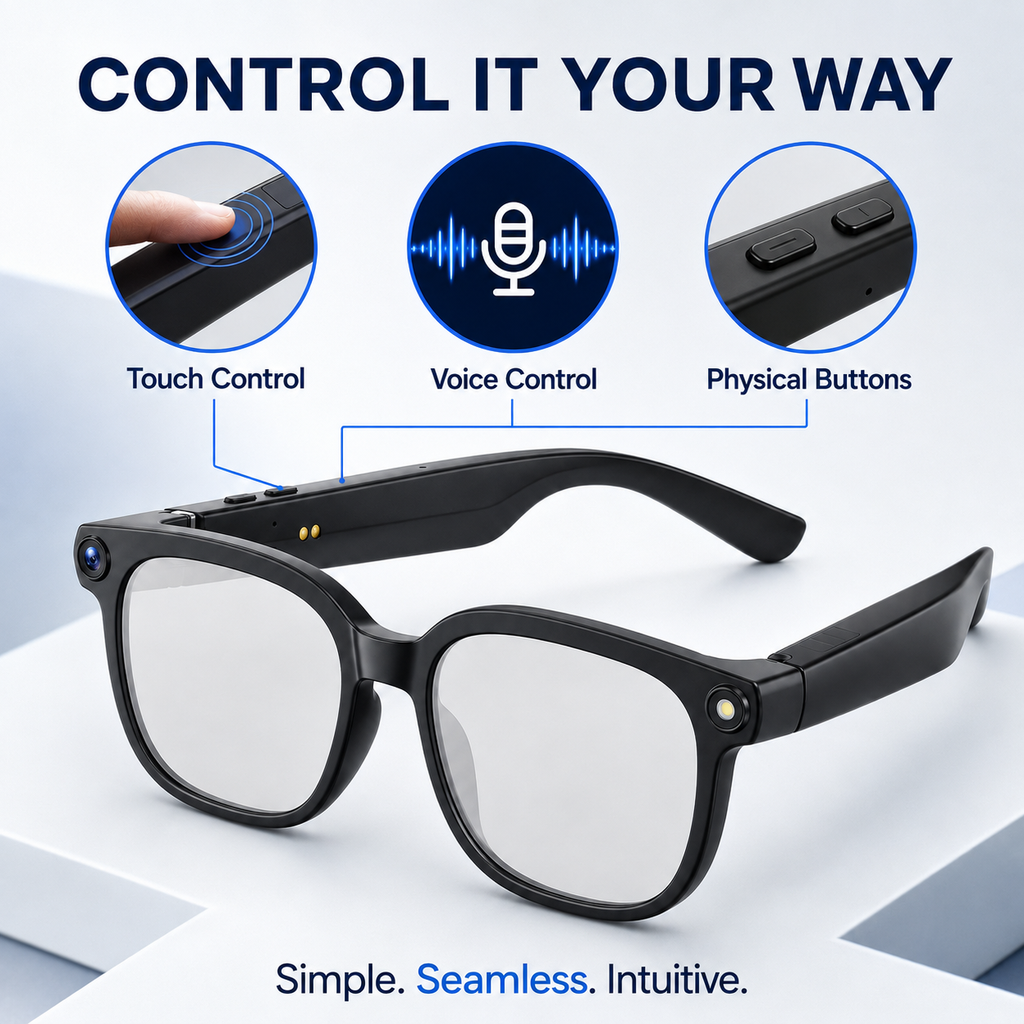 AI Smart Glasses with 8MP Camera, 1080p Video, 150+ Language Translation, ChatGPT, Bluetooth Calling & 16GB Storage – Black