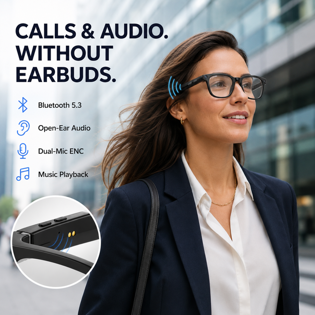 AI Smart Glasses with 8MP Camera, 1080p Video, 150+ Language Translation, ChatGPT, Bluetooth Calling & 16GB Storage – Black
