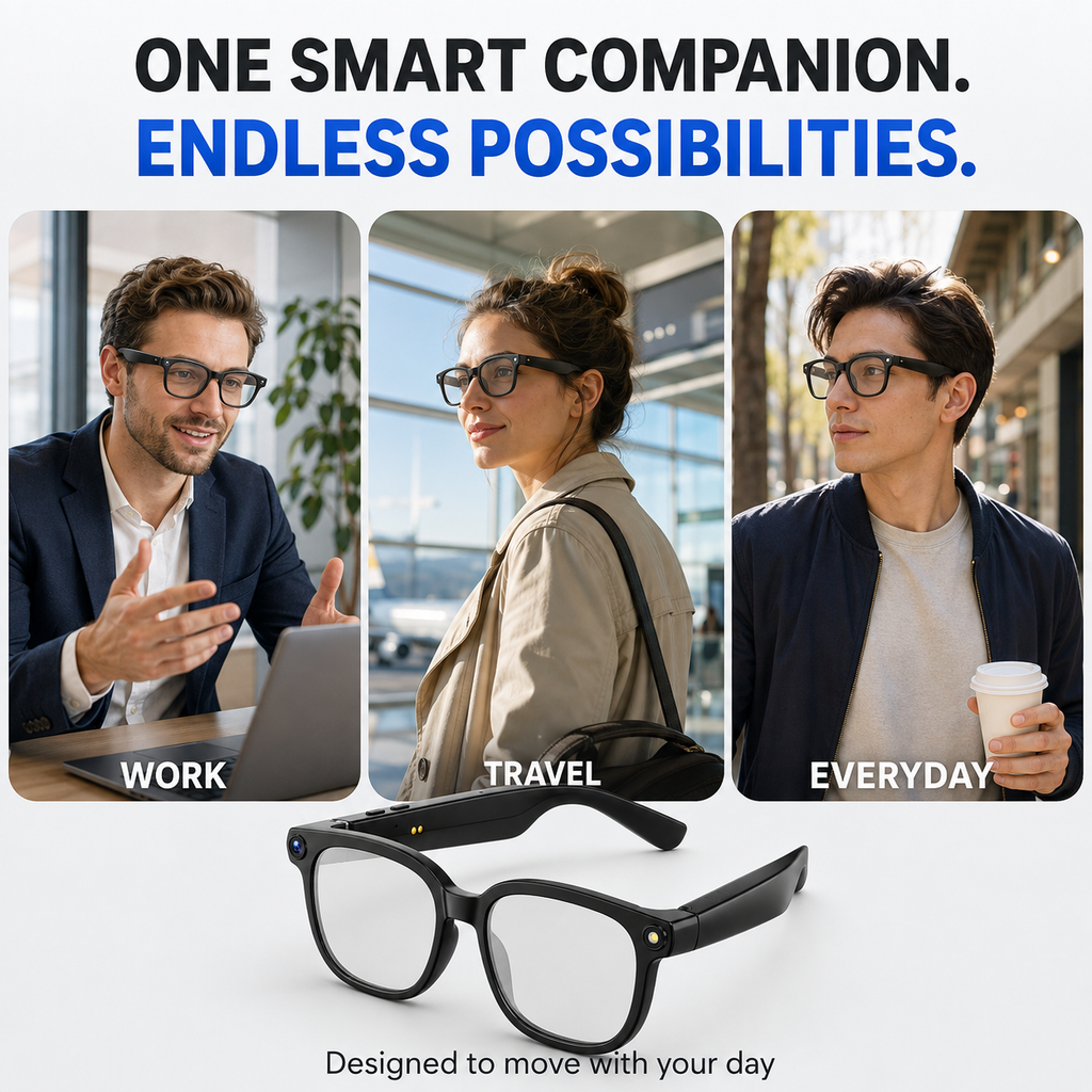 AI Smart Glasses with 8MP Camera, 1080p Video, 150+ Language Translation, ChatGPT, Bluetooth Calling & 16GB Storage – Black