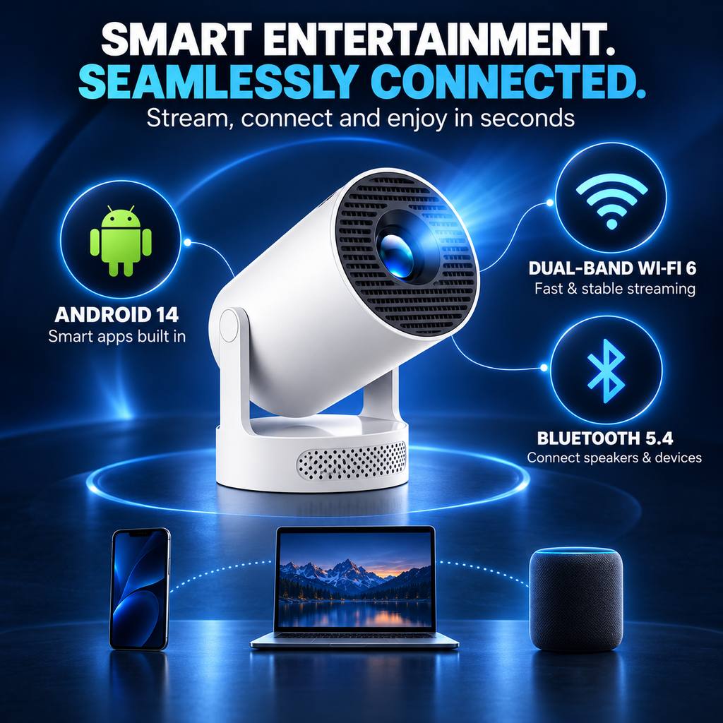 HY300 Pro Portable Android 14 Smart Projector with Wi-Fi 6, Bluetooth 5.4, Auto Keystone, 200-Inch Display & Native 720p HD