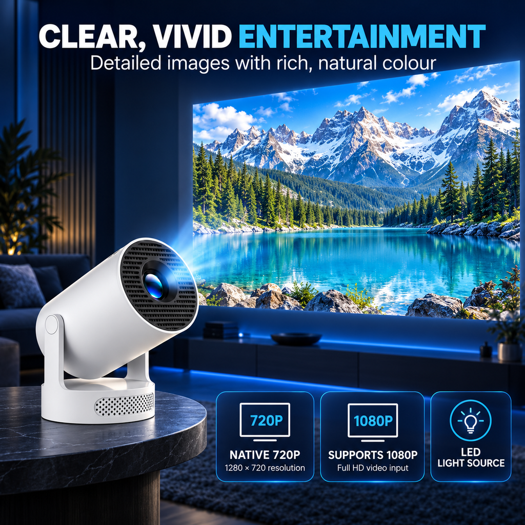 HY300 Pro Portable Android 14 Smart Projector with Wi-Fi 6, Bluetooth 5.4, Auto Keystone, 200-Inch Display & Native 720p HD