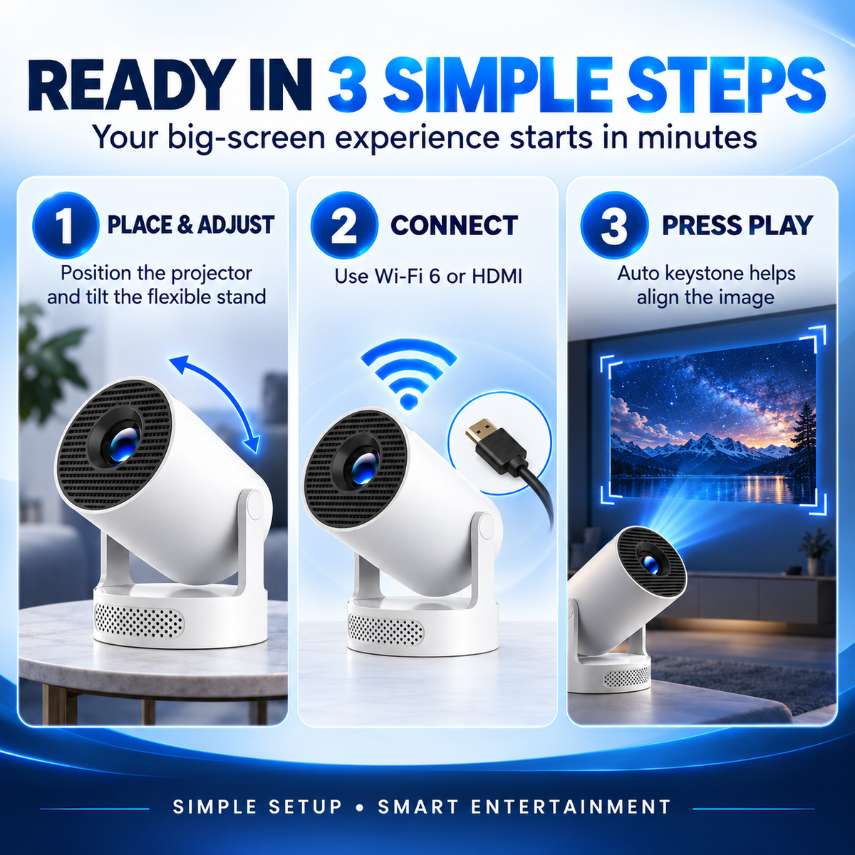 HY300 Pro Portable Android 14 Smart Projector with Wi-Fi 6, Bluetooth 5.4, Auto Keystone, 200-Inch Display & Native 720p HD