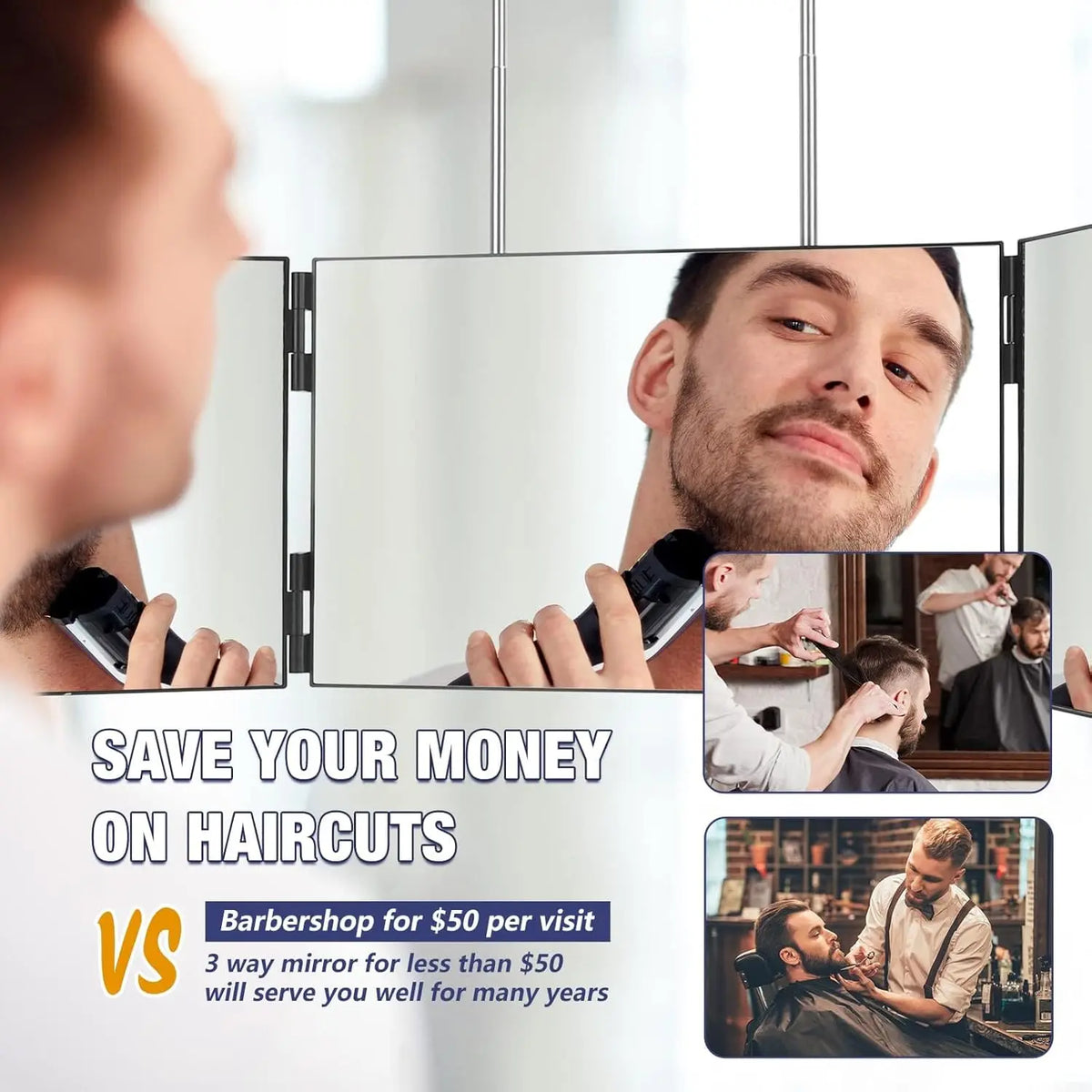360° Trifold Self Haircut Mirror – Portable 3-Way Mirror with Height Adjustable Telescopic Hooks – 360° Viewing for Hair Cutting, Shaving & Styling – Foldable Travel Mirror