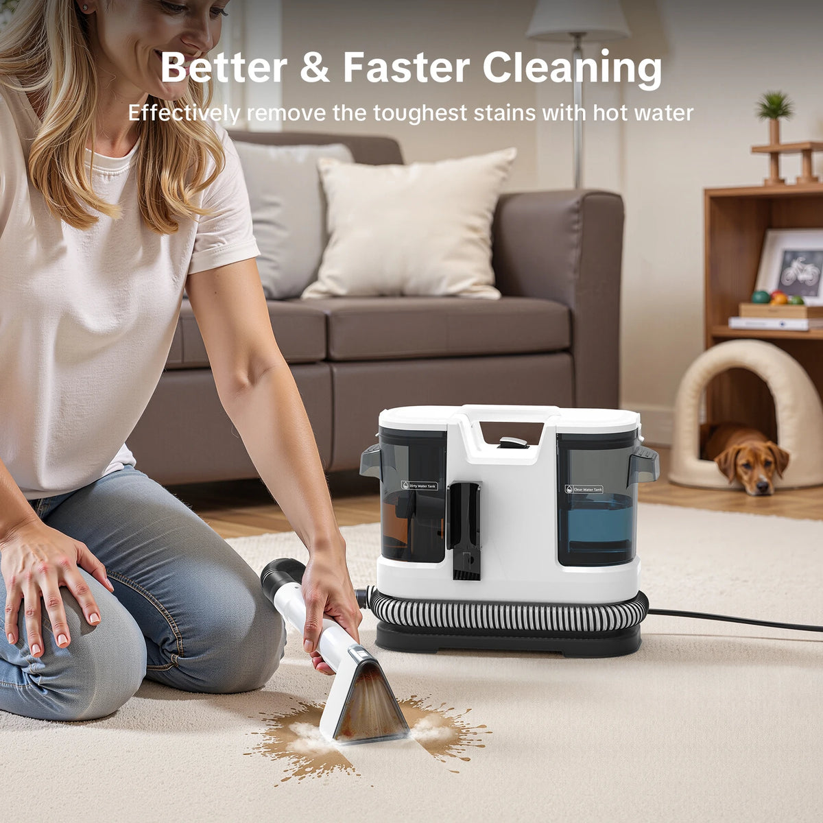 Portable Upholstery & Carpet Cleaner – Deluxe Complete Set with 6 Cleaning Attachments – 12,000Pa Suction, 450W Multi-Surface Spot Cleaner with Separate Water Tanks for Sofa, Carpet, Windows & Car