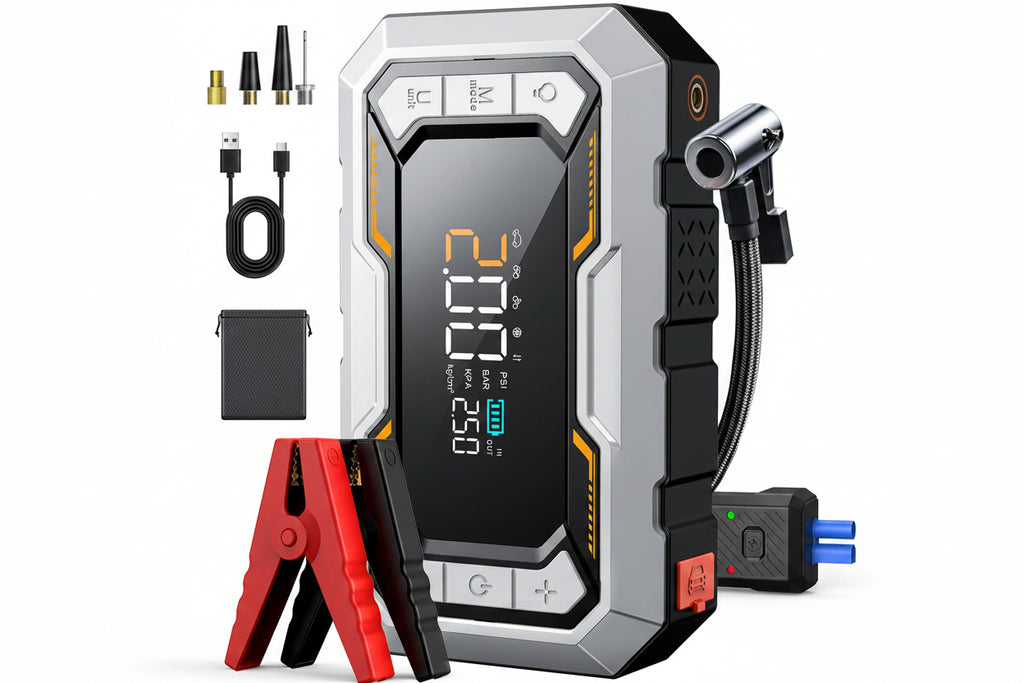 4-in-1 Car Jump Starter with Air Compressor – 1500A Peak Battery Booster & 150 PSI Tire Inflator – 20,000–30,000mAh Portable Power Bank with LED Emergency & SOS Light – 12V