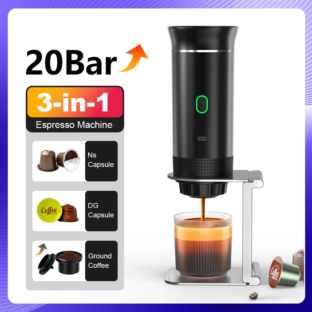 Portable Espresso Coffee Machine 20 Bar – Premium 3-in-1 Complete Set with Digital Display & Full Accessory Kit – Rechargeable Coffee Maker for Capsules & Ground Coffee – Car, Travel & Camping