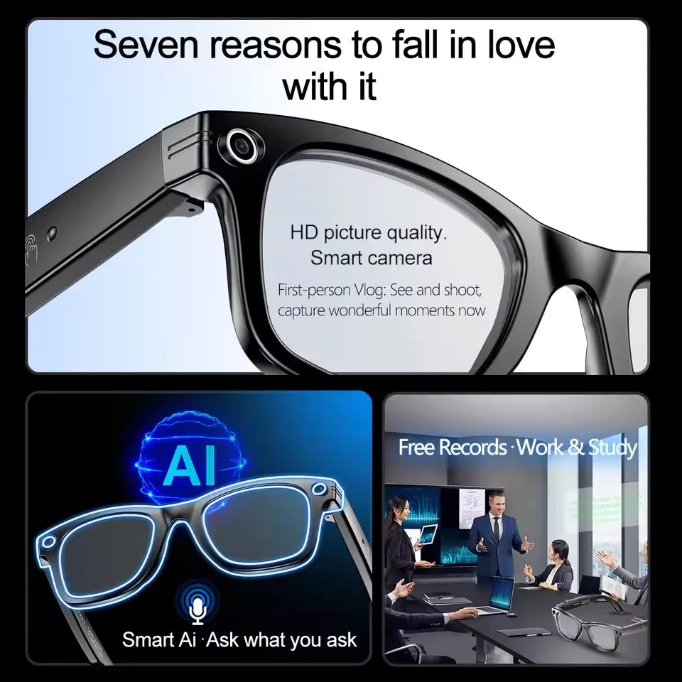 AI Smart Glasses with 8MP Camera, Photo & Video Recording, Live Translation, Bluetooth Calling, Open-Ear Audio & Photochromic Lenses