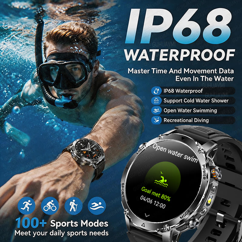 Men’s Outdoor GPS Smart Watch with 1400mAh Battery, 1.7-Inch AMOLED Display, Bluetooth Calling, LED Flashlight, 100+ Sports Modes & IP68 Waterproof – Black