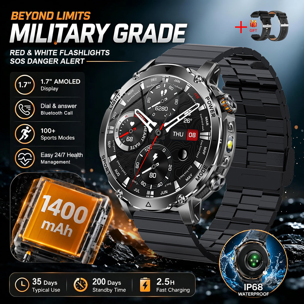 Men’s Outdoor GPS Smart Watch with 1400mAh Battery, 1.7-Inch AMOLED Display, Bluetooth Calling, LED Flashlight, 100+ Sports Modes & IP68 Waterproof – Black