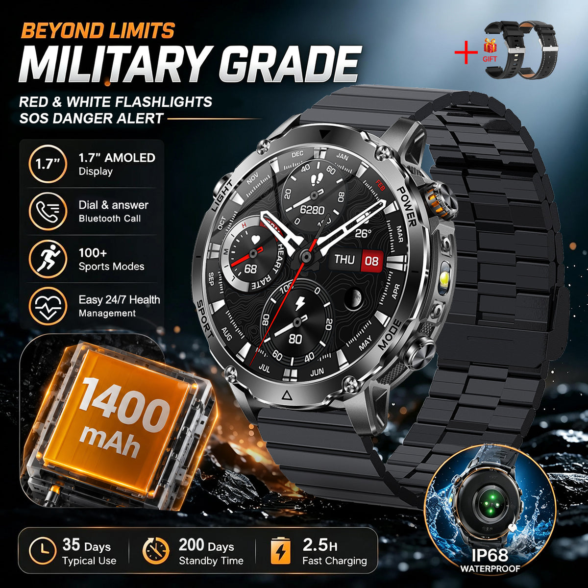 Men’s Outdoor GPS Smart Watch with 1400mAh Battery, 1.7-Inch AMOLED Display, Bluetooth Calling, LED Flashlight, 100+ Sports Modes & IP68 Waterproof – Black