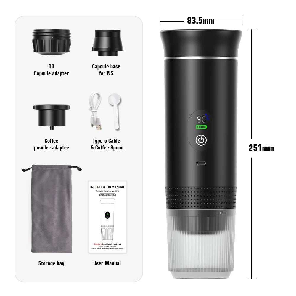 Portable Espresso Coffee Machine 20 Bar – Premium 3-in-1 Complete Set with Digital Display & Full Accessory Kit – Rechargeable Coffee Maker for Capsules & Ground Coffee – Car, Travel & Camping
