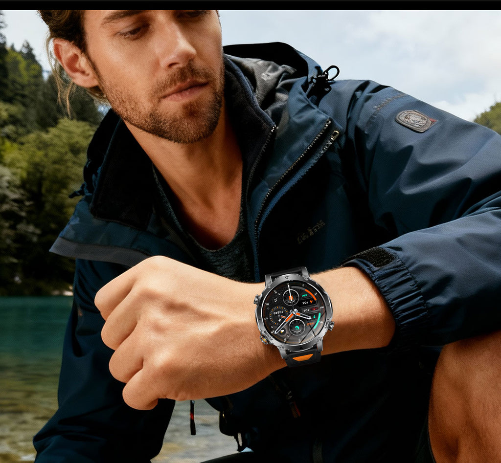 Men’s Outdoor GPS Smart Watch with 1400mAh Battery, 1.7-Inch AMOLED Display, Bluetooth Calling, LED Flashlight, 100+ Sports Modes & IP68 Waterproof – Black