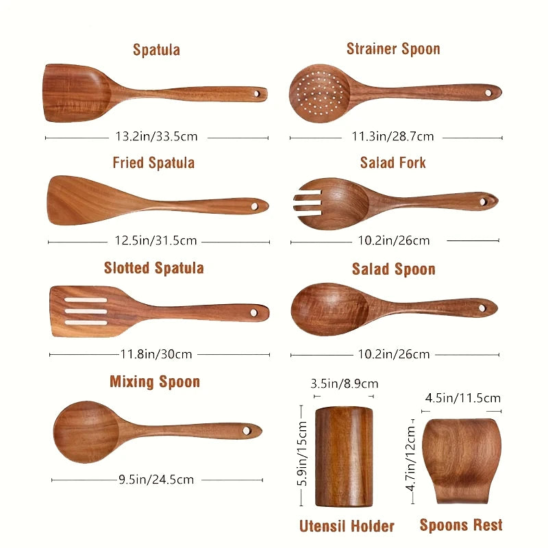 9-Piece Teak Wooden Kitchen Utensil Set with Holder & Spoon Rest – Premium Wooden Cooking Spoons, Spatulas, Strainer & Salad Servers – Durable Cooking Utensils Set