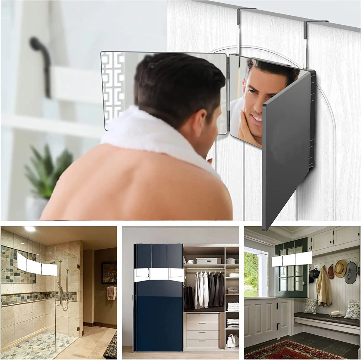 360° Trifold Self Haircut Mirror – Portable 3-Way Mirror with Height Adjustable Telescopic Hooks – 360° Viewing for Hair Cutting, Shaving & Styling – Foldable Travel Mirror