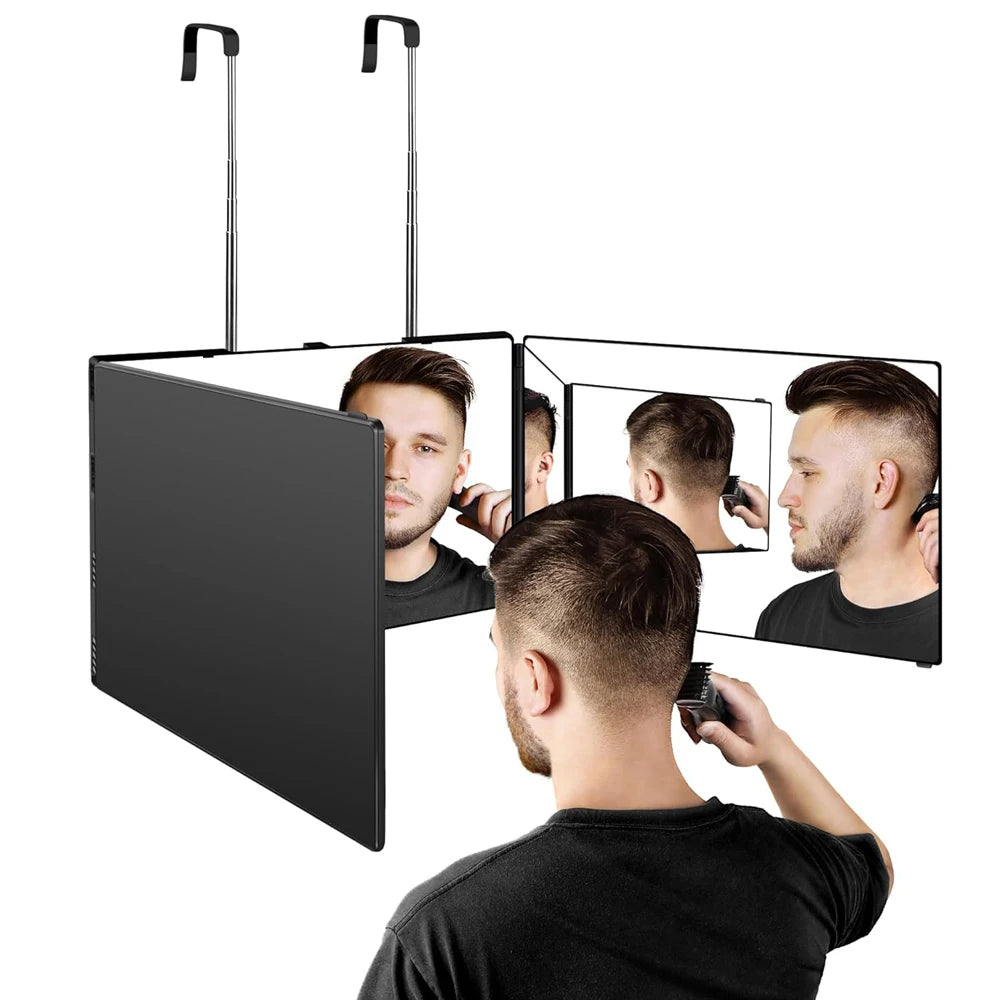 360° Trifold Self Haircut Mirror – Portable 3-Way Mirror with Height Adjustable Telescopic Hooks – 360° Viewing for Hair Cutting, Shaving & Styling – Foldable Travel Mirror